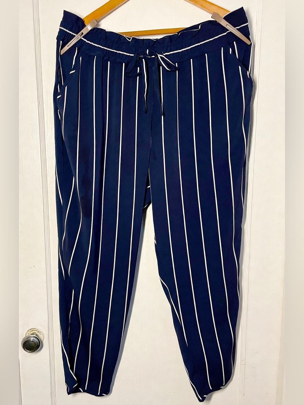 Zara TRF Navy White Stripe Paperbag Drawstring Jogger XXL High Waisted Ankle